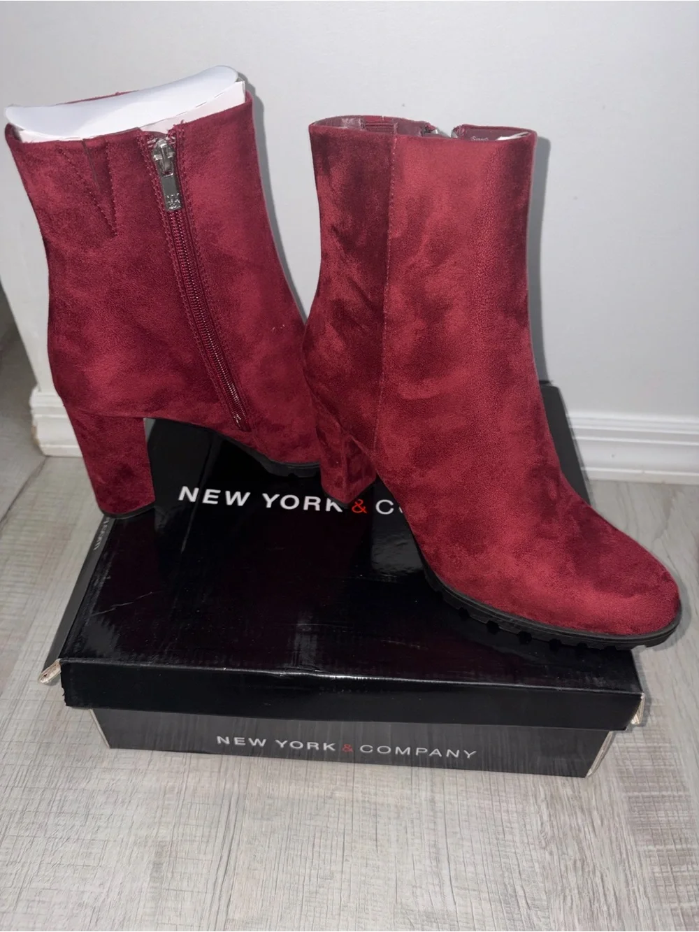New York & Company Women's Burgundy Suede Block Heel Ankle Booties